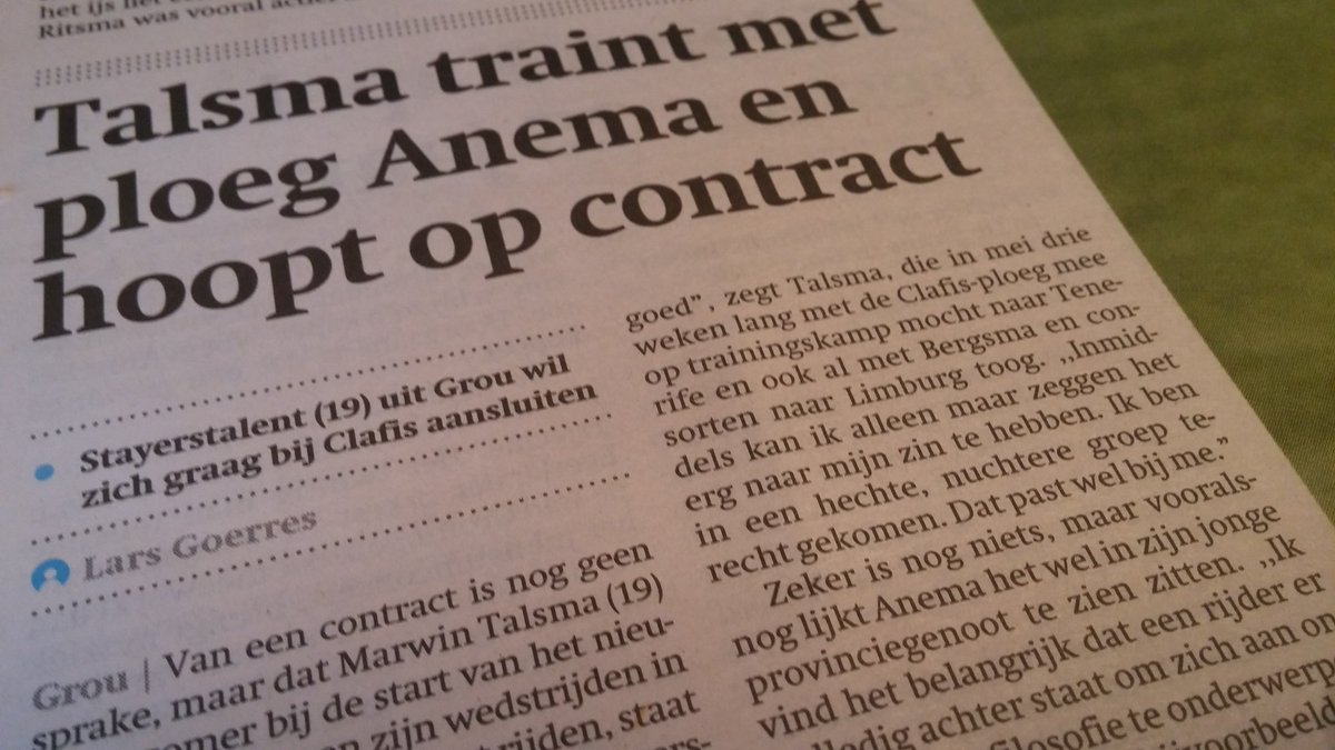 Schaatser Marwin Talsma (<a href="/marwintalsma/">Marwin Talsma</a>) traint sinds kort mee met Team Clafis. Grouster hoopt op contract. Vandaag zijn verhaal in <a href="/FD_sport/">Friesch Dagblad Sport</a>
