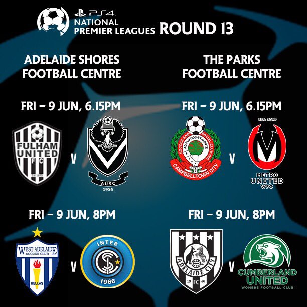 FSALeagues's tweet photo. Tonight's #PS4WNPLSA Round 13 Fixtures. #FULvUNI #CCvMU #WAvSISC #ACvCUW https://t.co/JGUf23eqGO