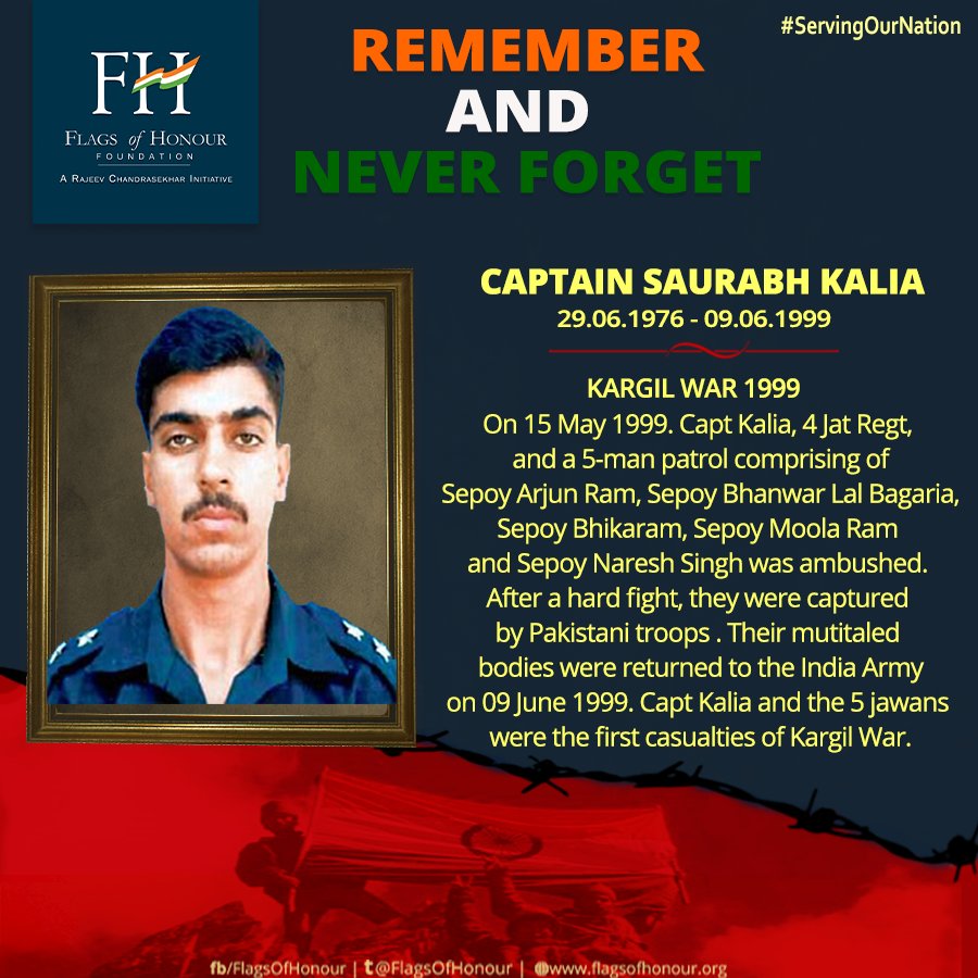 #RememberandNeverForget Capt #SaurabhKalia & his supreme sacrifice. #Thisday in 1999 his tortured mortal remains were handed to #IndiaArmy.