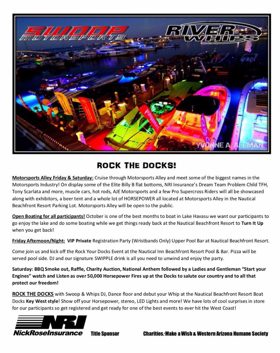 nickroseins's tweet photo. #RocktheDocks Oct 20&21 #LakeHavasu #NauticalInn #SwoopMotorsports #RiverWhips #NRI #NickRoseInsurance https://t.co/uIywrzAJeg