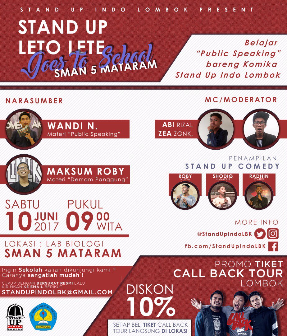 standupindoLBK's tweet photo. Besok Standup Leto Lete main ke @SMALA_ nih.
Yuk lah ramaikan anak,ada diskon untuk pembelian tiket #CALLBACKLBK dilokasi lho~ https://t.co/itc6rlF1HA