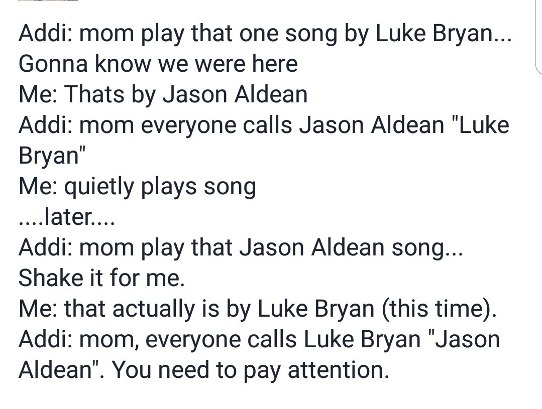katoinette's tweet photo. Conversation w/ my kid tonight. Karma from being such a know it all to my parents has got me tenfold. @LukeBryanOnline #jasonaldean #countty https://t.co/AEUb4J0z5a