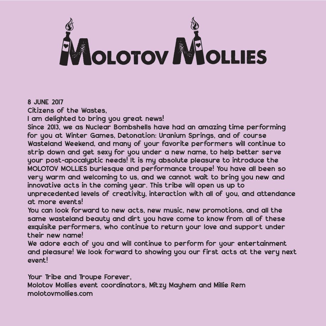 molotovmollies's tweet photo. We are delighted to announce our performance troupe, the MOLOTOV MOLLIES!  Look forward to new performances soon!  #PleaseRT #RT https://t.co/L3IVP2Y2tn