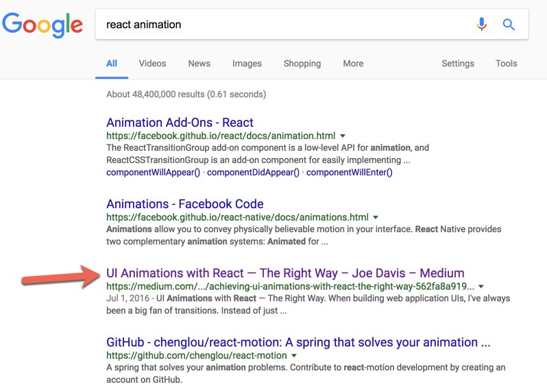joethedave's tweet photo. My blog post is the third result on a Google search for "react animation".  Pretty good. https://t.co/1l8VT728G3