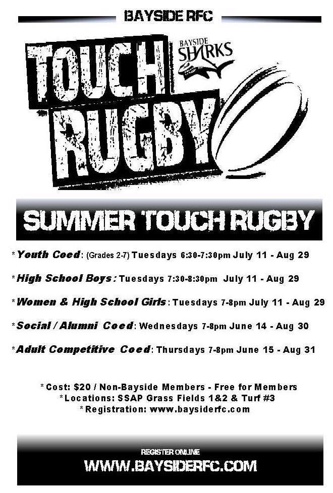 Bayside Summer Touch Rugby. Register baysiderfc.com