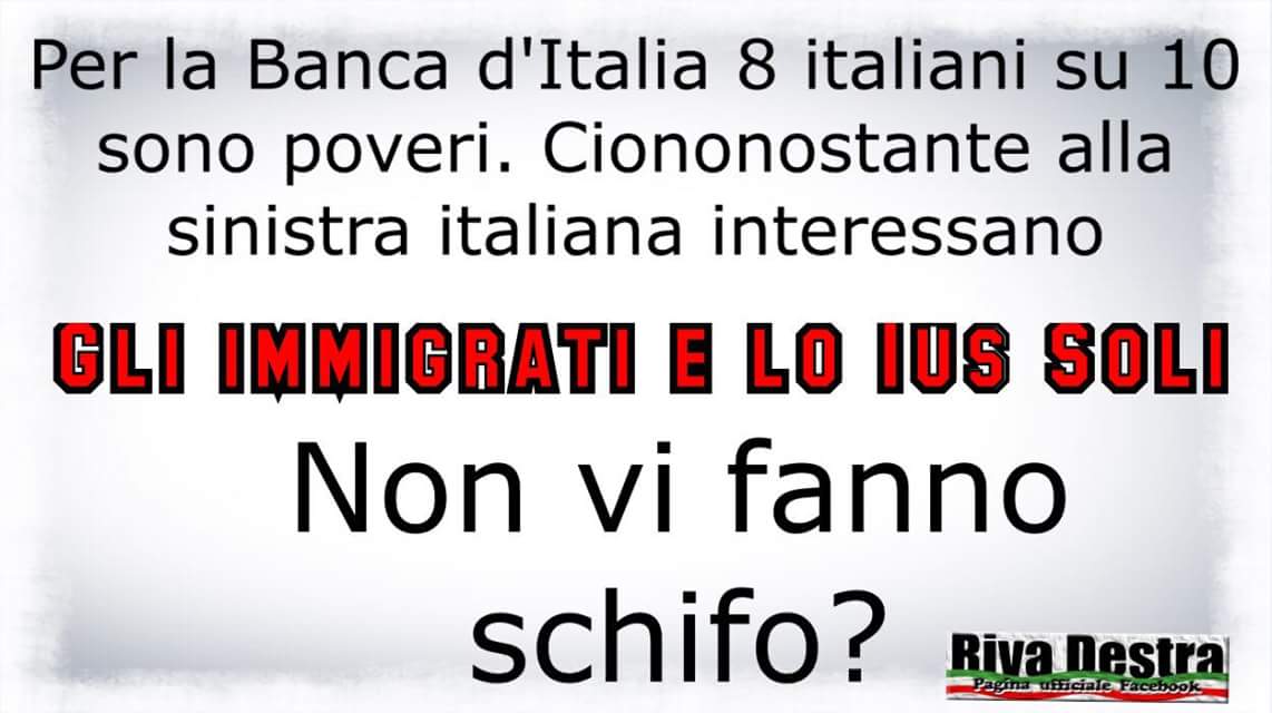 PatriotaIl's tweet photo. Con 8 milioni di italiani poveri indigenti..(pari a 4/5 regioni italiane) il PD pensa a immigrati e ius soli! Anti italiani! #MovimentOnesti https://t.co/Wp8X6nF84n
