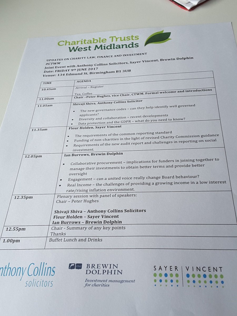 westmidsfunders's tweet photo. Our agenda for today - #charity law, finance &amp; investment w @ACSLLP @sayervincent and @BD_Birmingham #CTWMUpdates #Funders #WestMidlands https://t.co/M3uKdM36dd