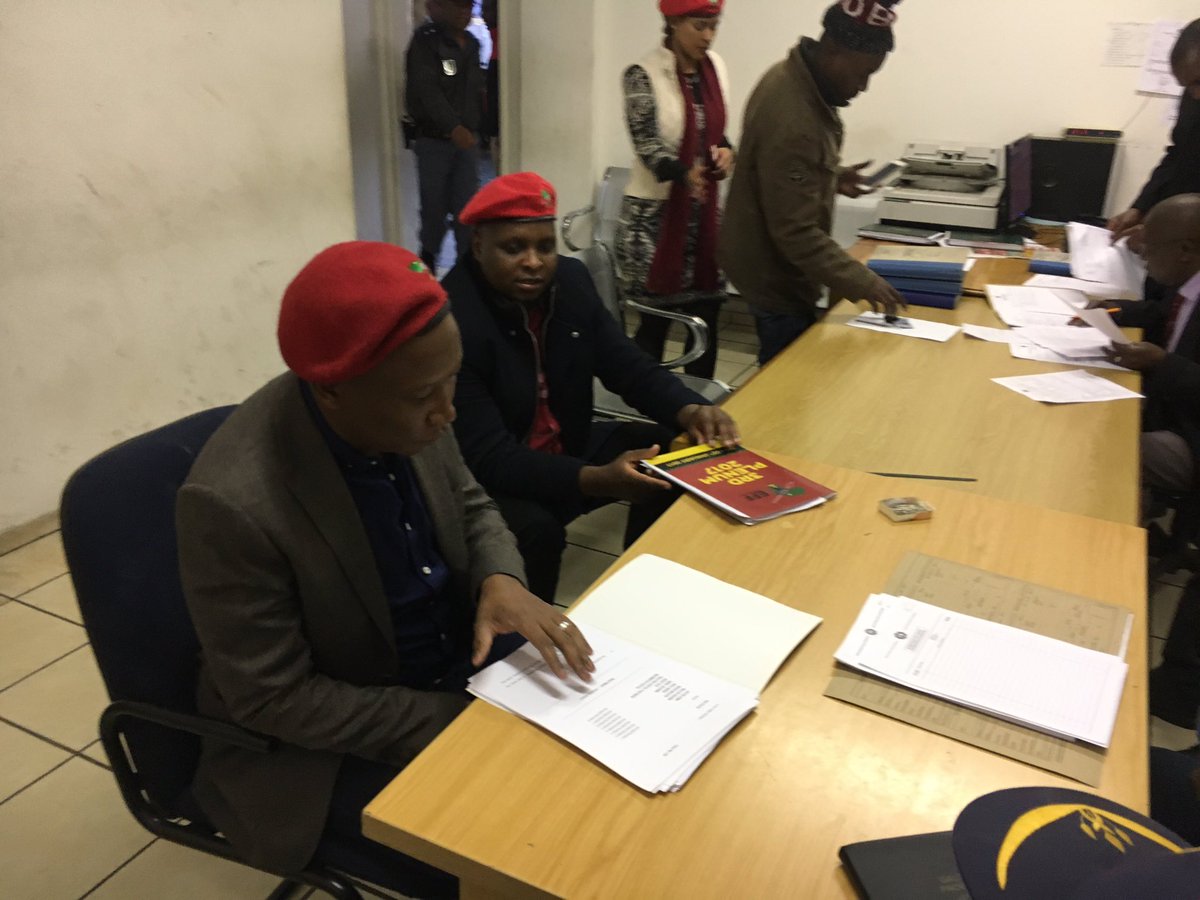 EFFSouthAfrica's tweet photo. CIC @Julius_S_Malema and EFF Officials laying charges against Gigaba and others at Joburg Central Police Station #TransnetCorruption https://t.co/gln1wn8lpq