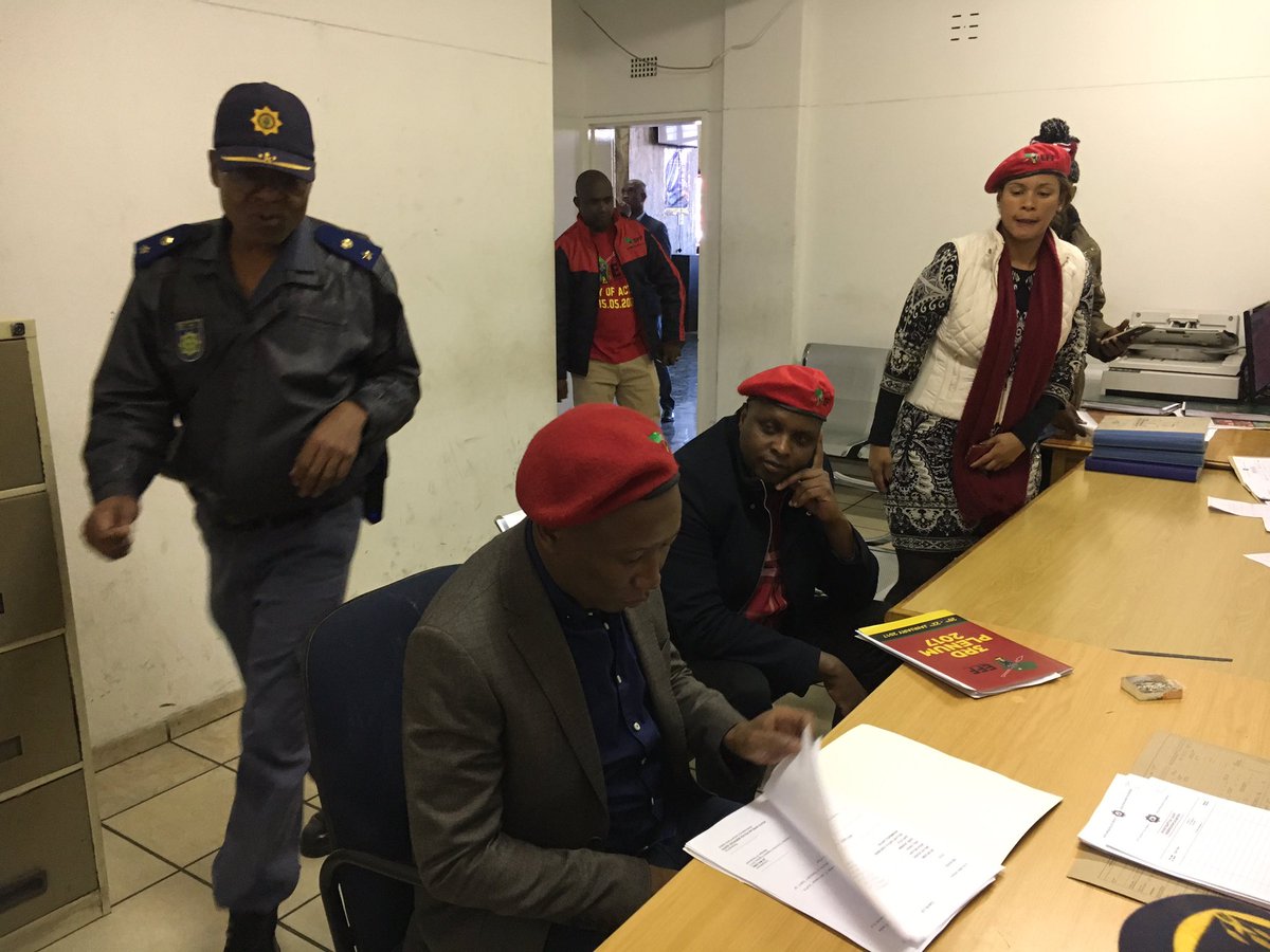 EFFSouthAfrica's tweet photo. CIC @Julius_S_Malema and EFF Officials laying charges against Gigaba and others at Joburg Central Police Station #TransnetCorruption https://t.co/gln1wn8lpq