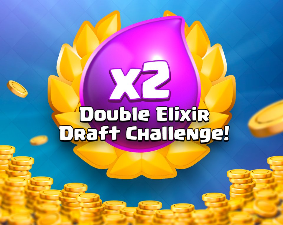ClashRoyale's tweet image. Double Elixir Draft Challenge is live! Win fat stacks of gold and complete the Challenge at 9 💰👌
