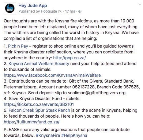 heyjudeapp's tweet photo. We've compiled a list of ways in which you can help the victims of the #knysnafire. @GiftoftheGivers @picknpay @SpurRestaurant #helpKnysna https://t.co/XJwSTmOTym