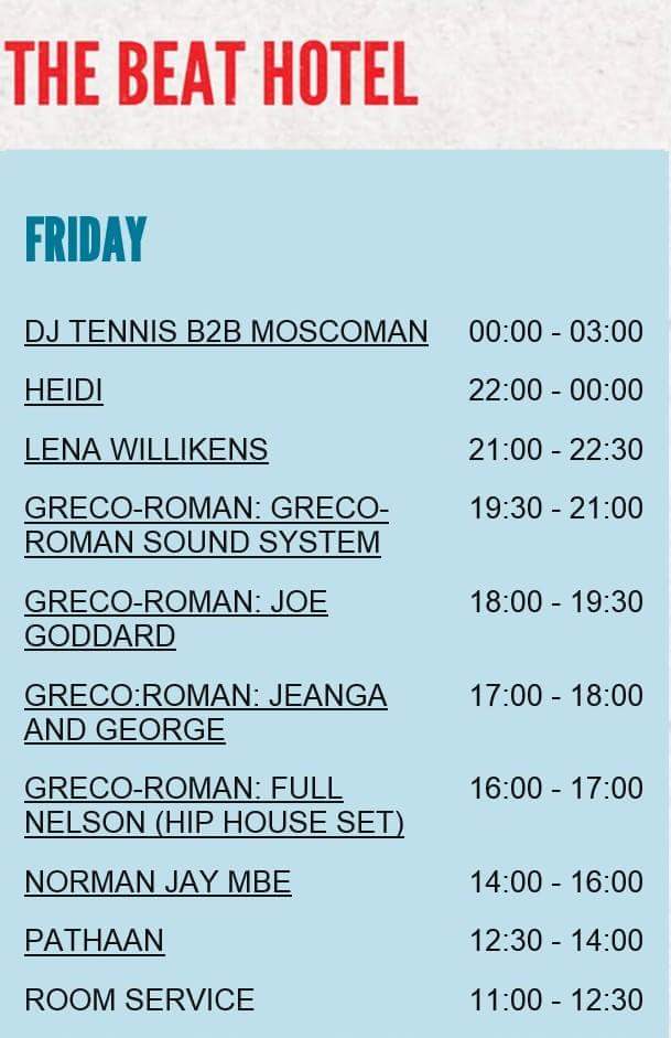 Beat Hotel (@hotel_beat) on Twitter photo Friday at the Beat <a href="/moscoman/">Mosco</a> B2B <a href="/dj_tennis/">Dj Tennis</a> <a href="/djheidi/">Heidi</a> @Lena_Willikens <a href="/GrecoRomanMusic/">Greco-Roman</a> <a href="/JoeHotChip/">Joe Goddard</a> <a href="/jeangaandgeorge/">Jeanga and George</a> <a href="/NormanJayMBE/">Norman Jay MBE</a> <a href="/Pathaan/">P A T H A A N</a> Friday at the Beat <a href="/moscoman/">Mosco</a> B2B <a href="/dj_tennis/">Dj Tennis</a> <a href="/djheidi/">Heidi</a> @Lena_Willikens <a href="/GrecoRomanMusic/">Greco-Roman</a> <a href="/JoeHotChip/">Joe Goddard</a> <a href="/jeangaandgeorge/">Jeanga and George</a> <a href="/NormanJayMBE/">Norman Jay MBE</a> <a href="/Pathaan/">P A T H A A N</a>
