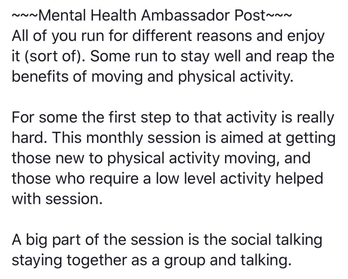 Our Mental Health Ambassador is running a monthly session with the aim of getting more people into physical activity. #RunAndTalk