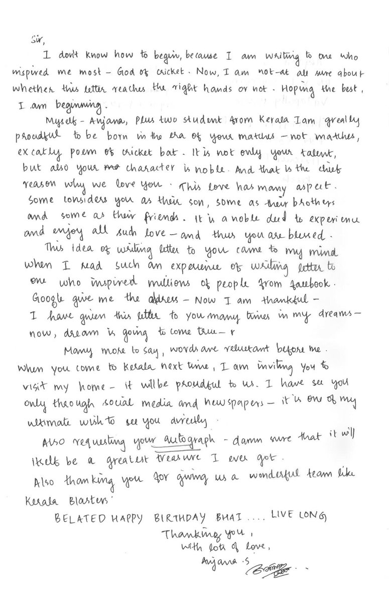 sachin_rt's tweet photo. Anjana, thank you so much for your letter! It is fans like you who have inspired me to keep striving to do better and better. #FanFriday https://t.co/3QtJtlYuIr