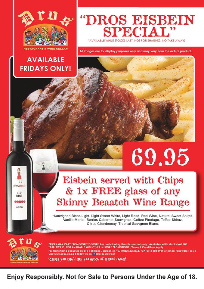 Dros_Restaurant's tweet photo. Catch all the Sporting action this weekend at #Dros! Enjoy our delicious smoked Eisbein with a free glass of wine. #FridaySpecial https://t.co/4HvOalyapo