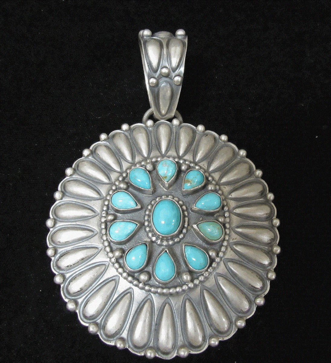 NativePawn's tweet image. Large #SterlingSilver Pendant #Navajo dead pawn #SilverJewelry with 11 #turqouise stones goo.gl/Nt6wl8 #NativeAmerican #Jewelry