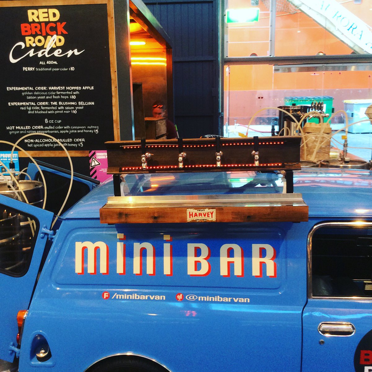 minibarvan's tweet photo. Everything old is new again. Old #mini van, new bar. Old apple grader makes new taps. Traditional #cider with a modern twist. #winterfeast https://t.co/o8e7izBV6T