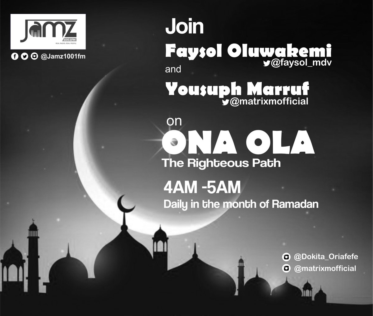 Jamz1001FM's tweet photo. Don't miss #OnaOla
#TheRighteousPath tomorrow w/ @matrixmofficial x @faysol_mdv
#JAMZ1001FM
#RamadanKareem https://t.co/7LEiEDQABc