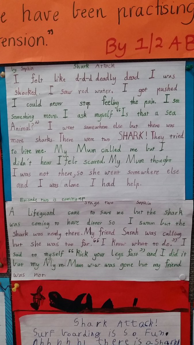 SAHPS_MissR's tweet photo. Grade 1/2 authors! Amazing work produced and now showing! #thewritingcycle #5senses #sharkattack #sahps @100StoryB @slamup @KidsWrite4Kids https://t.co/htPYZRnlgo