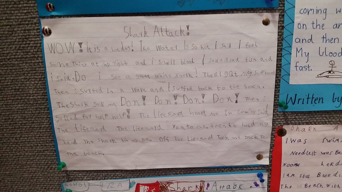 SAHPS_MissR's tweet photo. Grade 1/2 authors! Amazing work produced and now showing! #thewritingcycle #5senses #sharkattack #sahps @100StoryB @slamup @KidsWrite4Kids https://t.co/htPYZRnlgo