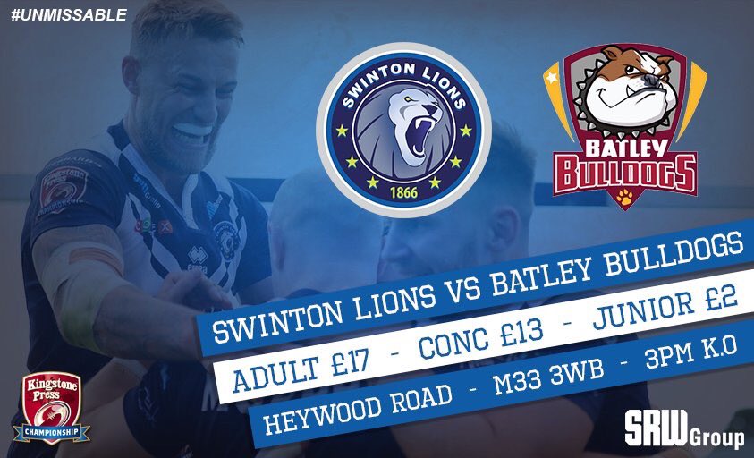 Swinton_Lions's tweet photo. 2 days to go! ๐๐
We host @BatleyRLFC in Round 17 of the @RLChampionships.
๐ Heywood Rd | M33 3WB
๐ 3PM K.O
#BringOne https://t.co/AfAcwPXu4y