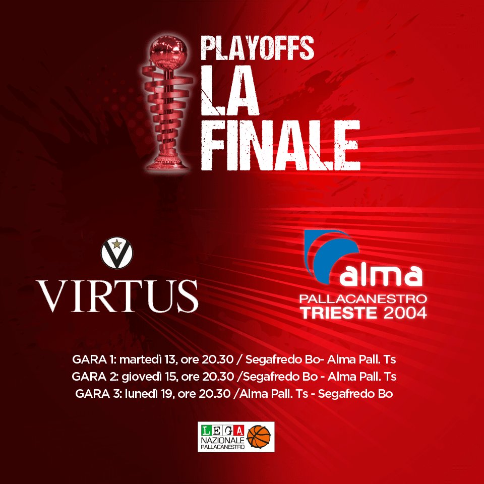 PallTrieste's tweet photo. Calendario ufficiale #finaliplayoffs 🆚 @Virtusbo. Martedì 13 e giovedì 15 saremo al #PalaDozza mentre lunedì 19 #AlmaArena ore 20.30‼️ https://t.co/78zpQqyYRH