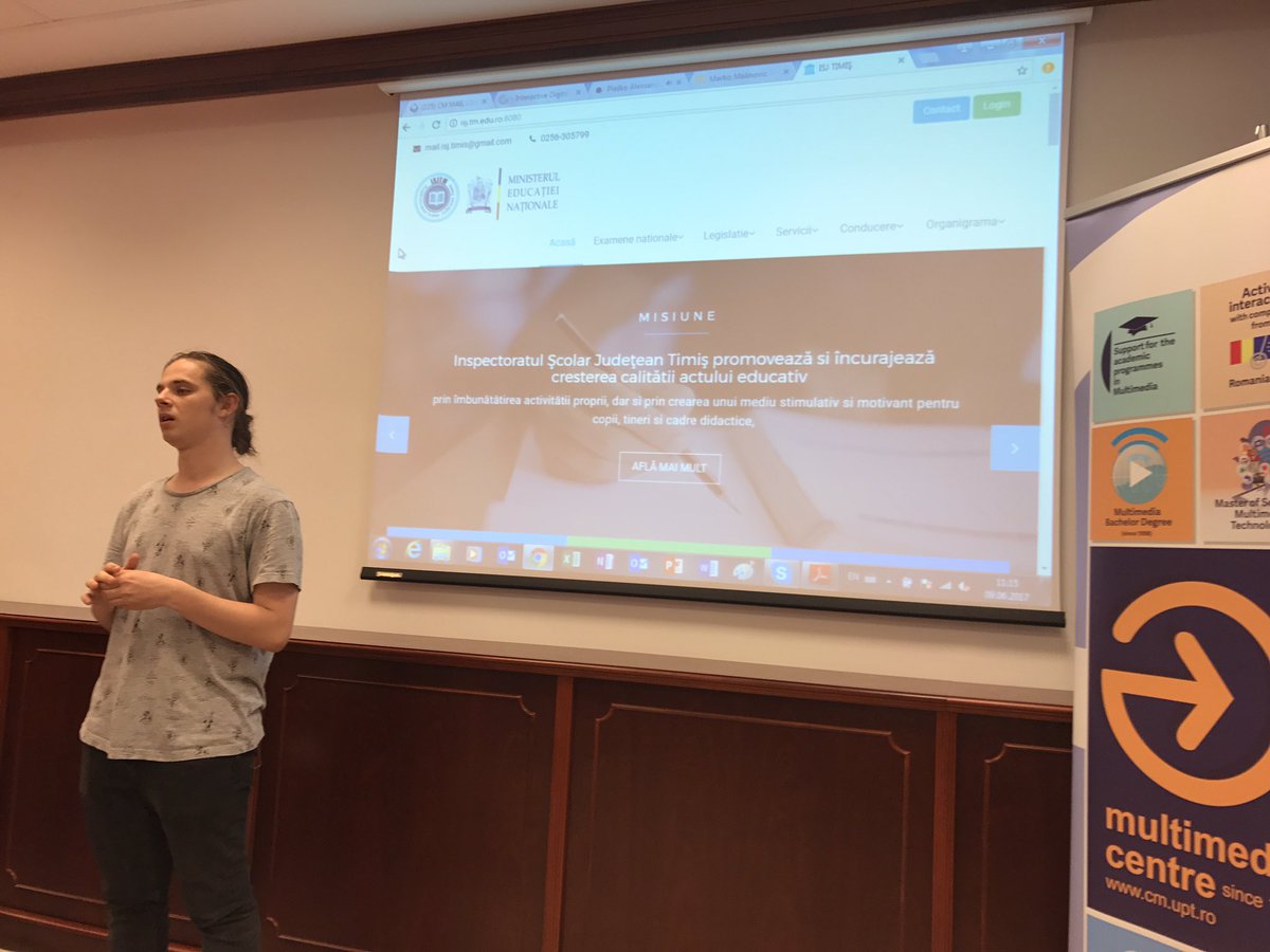 diando70's tweet photo. High school students from Liceul Moisil #Timisoara presents amazing #web #mobile app @coderdojotm #IDMSC https://t.co/EprNrYXuKR