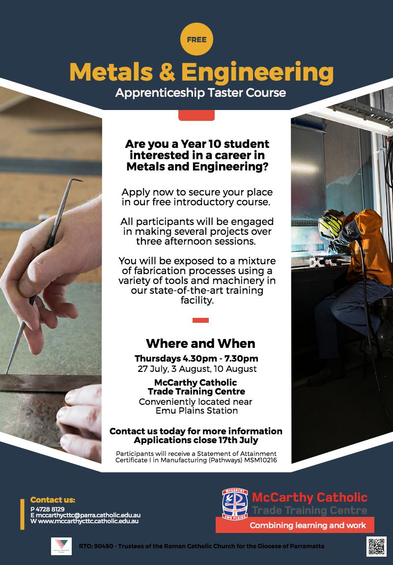 Spread the word - Free Metals Apprenticeship Taster <a href="/CatholicEdParra/">Catholic Schools Parramatta Diocese</a> <a href="/TaniaCairns/">Tania Cairns</a> <a href="/KarenRuppert/">Karen Ruppert</a> <a href="/mdeschamps9/">Michelle Deschamps</a> <a href="/JohnGildea/">John Gildea</a> <a href="/SkillingAus/">aunrisw</a>