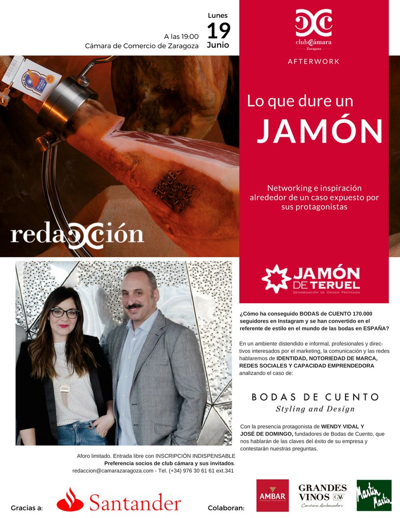 Inspiración, networking y Jamón para hablar de <a href="/BodasdeCuento/">Bodas de Cuento™</a> con <a href="/CuentiWendy/">Wendy Vidal</a> y <a href="/CuentiJose/">Jose de Domingo</a> #afterwork próximo lunes 19 #LoQueDureUnJamón