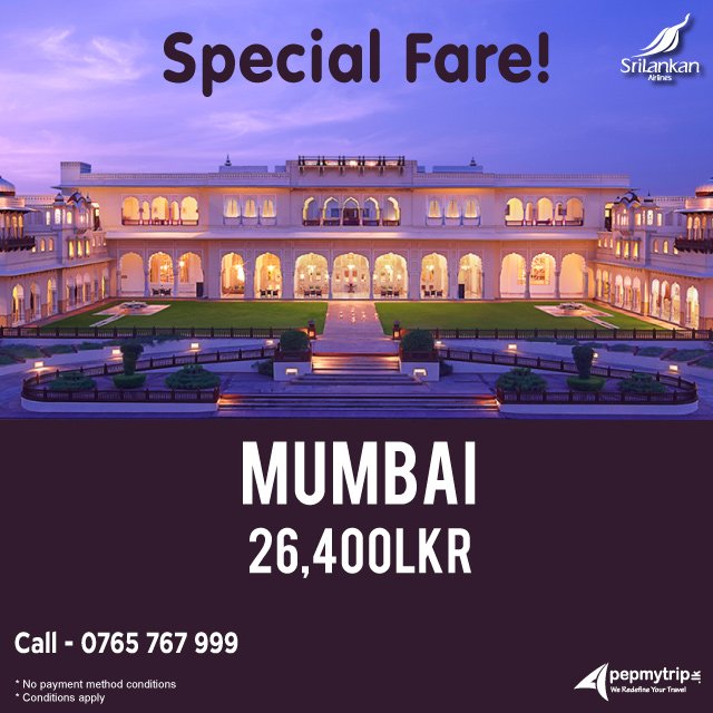 pepmytrip's tweet photo. Lowest fare to Mumbai from @flysrilankan starting from 26,400LKR
#Srilankan #Mumbai #india #Flight #Tickets #BookNow #Call - 0114 422400 https://t.co/8cXf7iOJLX