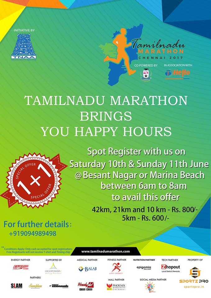 TNMarathon's tweet photo. Tamilnadu Marathon Brings You Happy Hours !!!
Spot Register with us and Get 1+1 Offer.....
#TamilNaduMarathon #NammaTNMarathon #TNAA https://t.co/Cd11ieC7A3