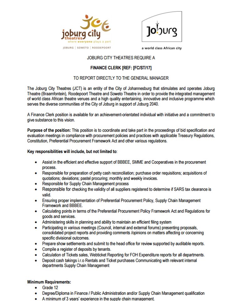 joburgtheatre's tweet photo. FINANCE CLERK needed at @sowetotheatres to start immediately! 😎
#JoburgVacancies 
#JCTHires
Click link for more https://t.co/IjBeOM0TWP https://t.co/tY1m6FQJiT