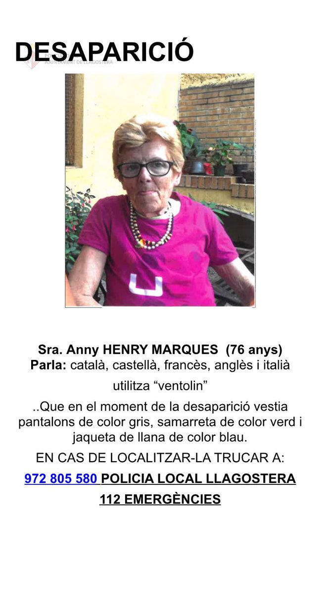 PLllagostera's tweet photo. 🔴 ESTEM BUSCANT aquesta dona veïna de Llagostera. Dispostiu activat juntament amb companys @bomberscat i @mossos. ☎️972805580 @112 RT https://t.co/YfvRG8B7ND