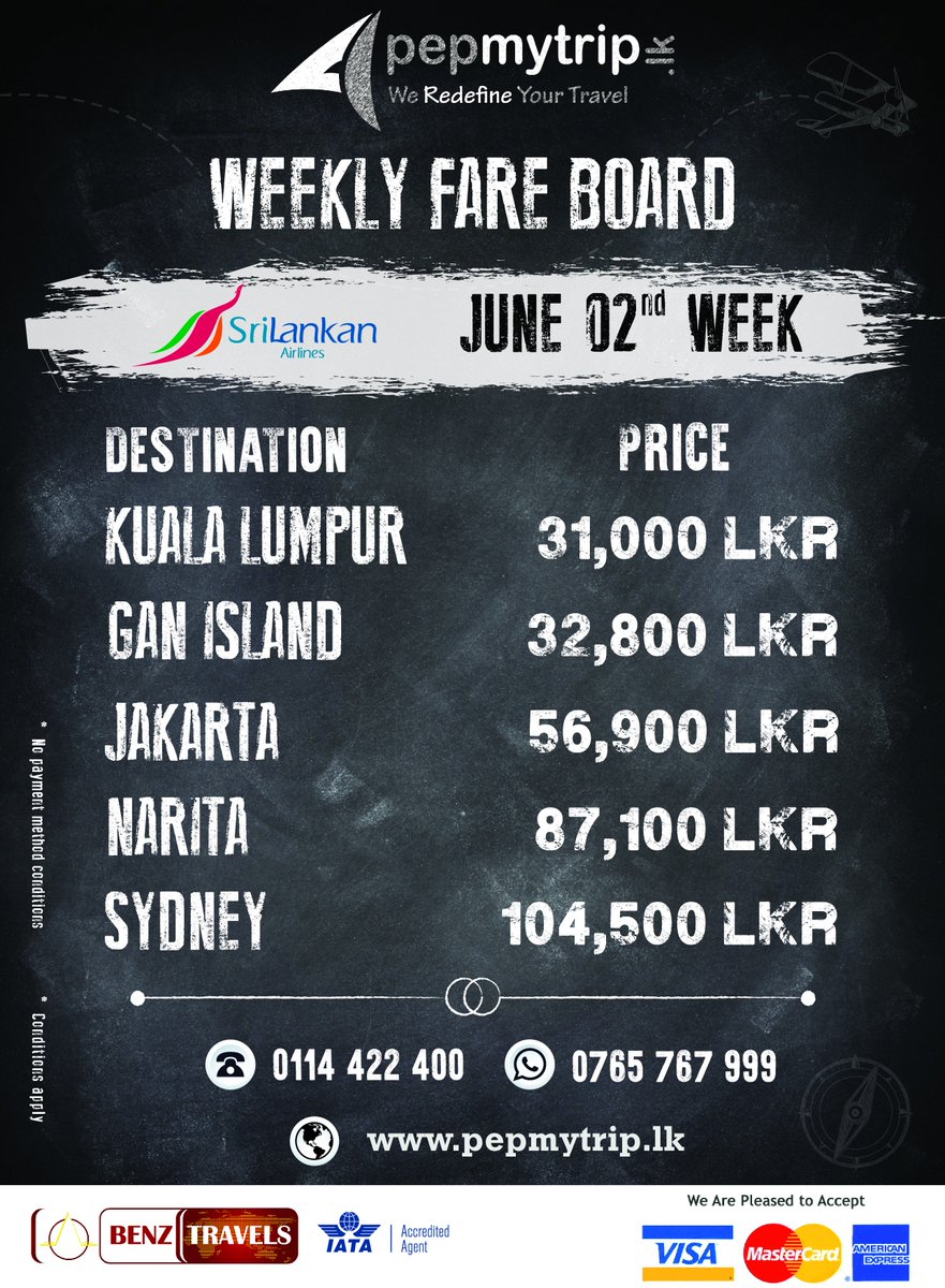 pepmytrip's tweet photo. PepMyTrip Weekly Fare Board!  Call 0114 422400 #fare #airline #destination #srilankan #flights #lowrates #srilanka #weekly #update #cmb #lka https://t.co/DNhFe7gnhH