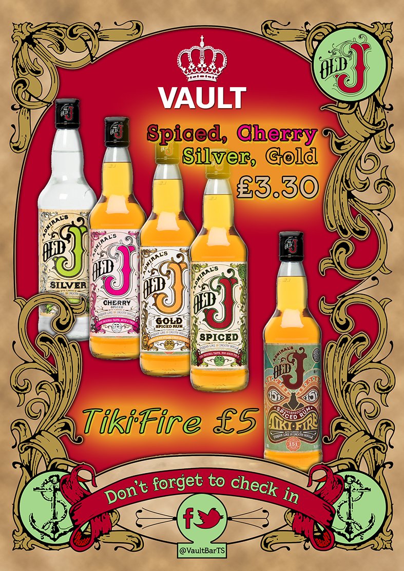 VaultBarTS's tweet photo. Old J only £3.50 each! Tiki Fire £5! #VaultBar #RegentQuarter #StocktonOnTees https://t.co/1zxO46nUQM