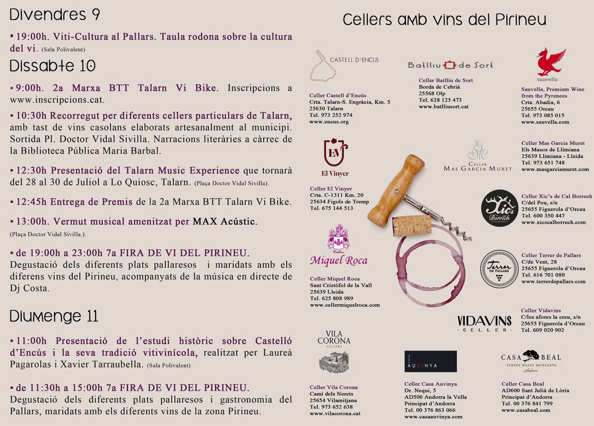 AjTalarn's tweet photo. Ja estem acabant el preparatius per la 7a Fira de Vi del Pirineu a @AjTalarn Esteu tots convidats 9, 10 i 11 vine a Talarn a gaudir del vi. https://t.co/zOVRImzaUk