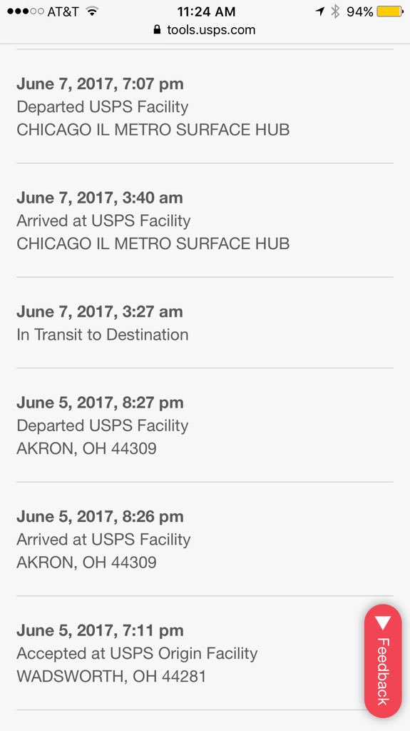 BMazzerati's tweet photo. @realDonaldTrump No wonder our USPS has a 3 billion $ deficit. Ordered from company 30 min north of me in OH and this is the route.@FoxNews https://t.co/g9lnjMqybm