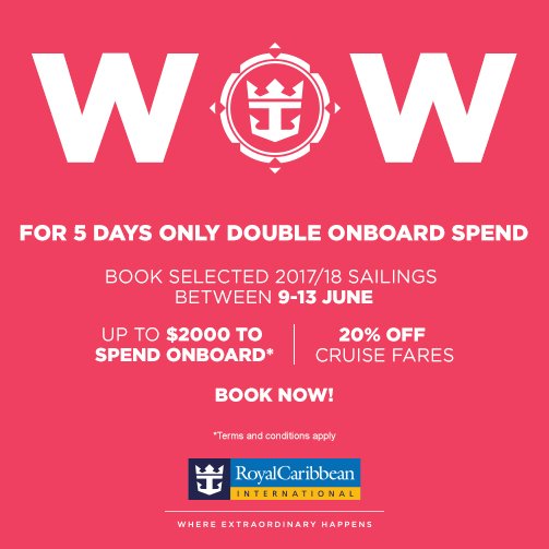 Flexicruise's tweet photo. WOW! DOUBLE ON BOARD SPEND - UP TO $2000 + 20% OFF!

When: 09/06 - 13/06 on all sailings between 01/07/17 - 31/12/18

Call on 0344 984 0828! https://t.co/GZA4MbH1oz