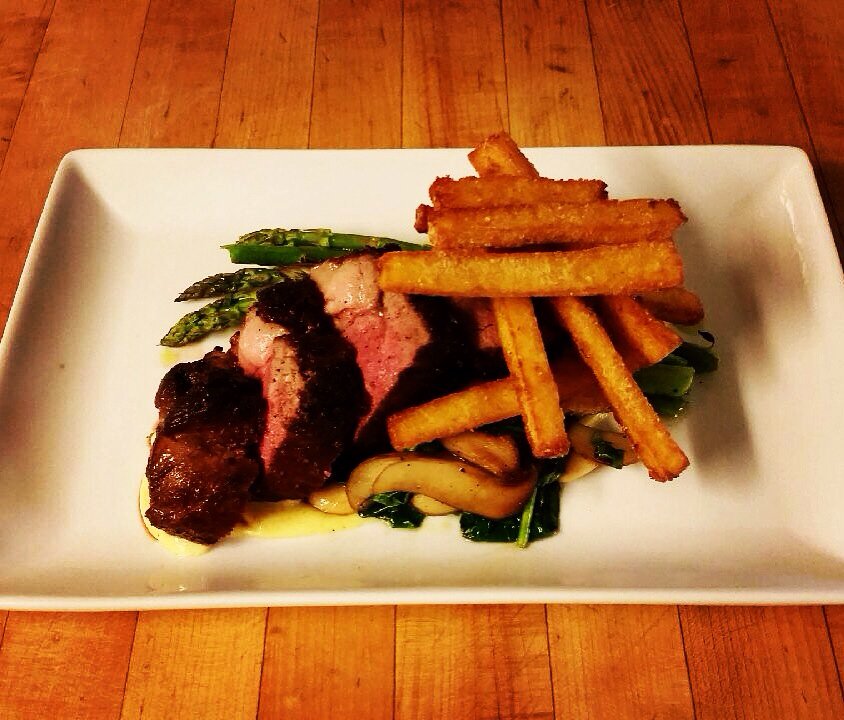 Private party on Saturday, so tonight is the night! Lamb sirloin / polenta fries / asparagus / saffron aioli....