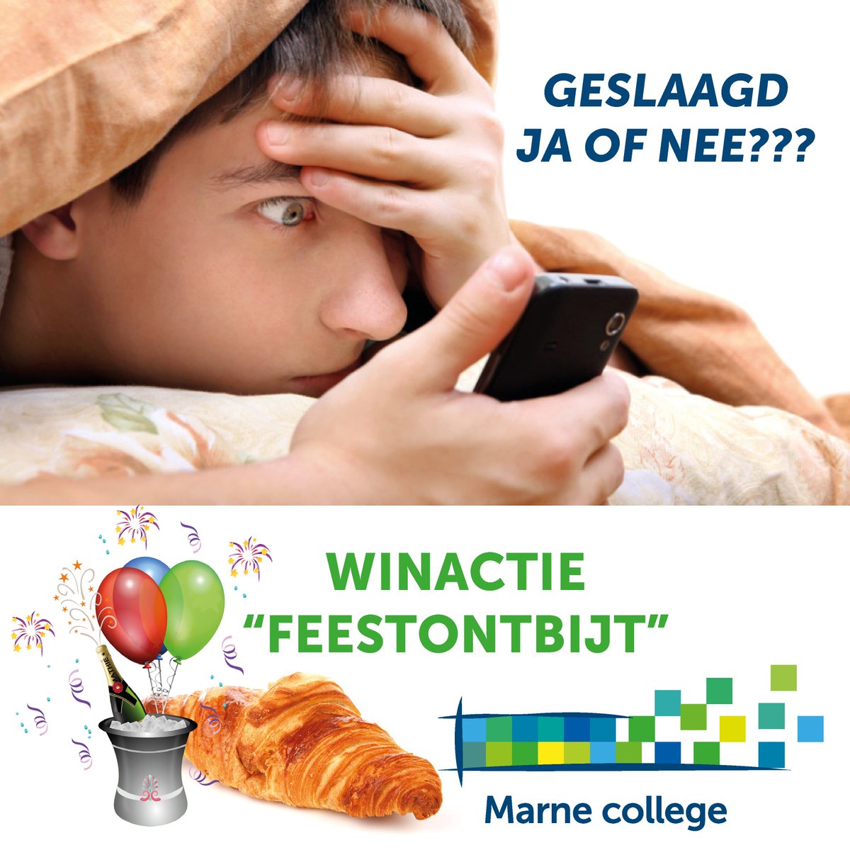 Win voor 15 juni feestontbijt voor een examenleerling! Plaats foto met tag <a href="/marnecollege/">Marne college</a> van een gespannen-uitslag-afwachtende-leerling!😵