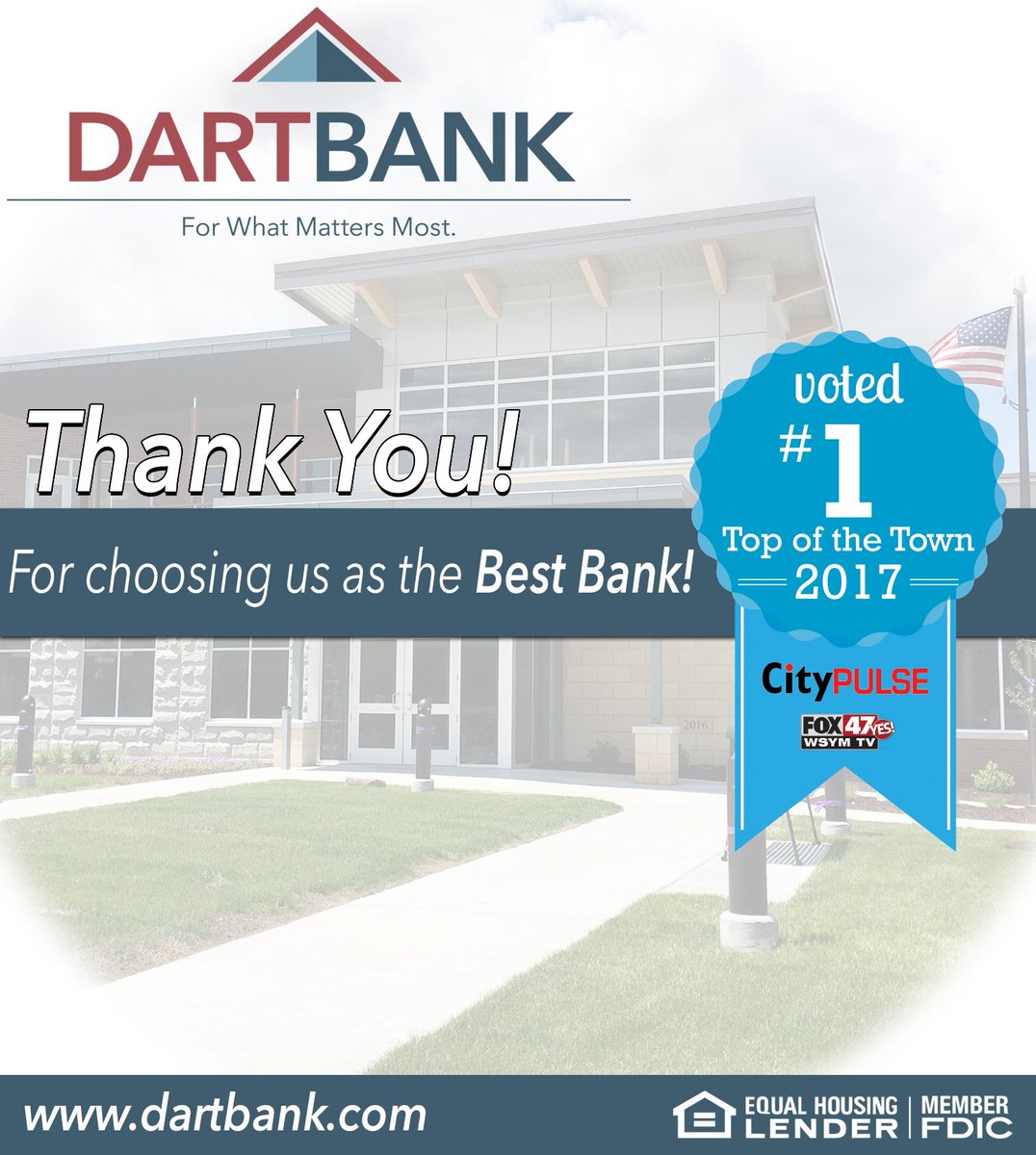 Dart_Bank's tweet image. Thank you for voting us Best Bank in the @CityPulse Top of the Town Awards!! #communitybanking #HometownAdvantage