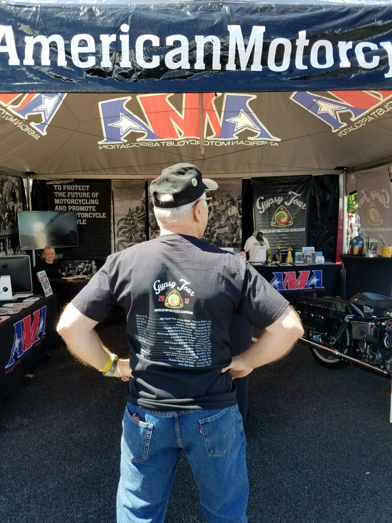 ama_riding's tweet photo. AMA Volunteer, Bill Wadsworth, is repping the #AMAGypsyTour at @AmericadeRally ! #AMAmembers, stop by &amp;  pick up your 2017 pin! https://t.co/PMFdXkHtGQ