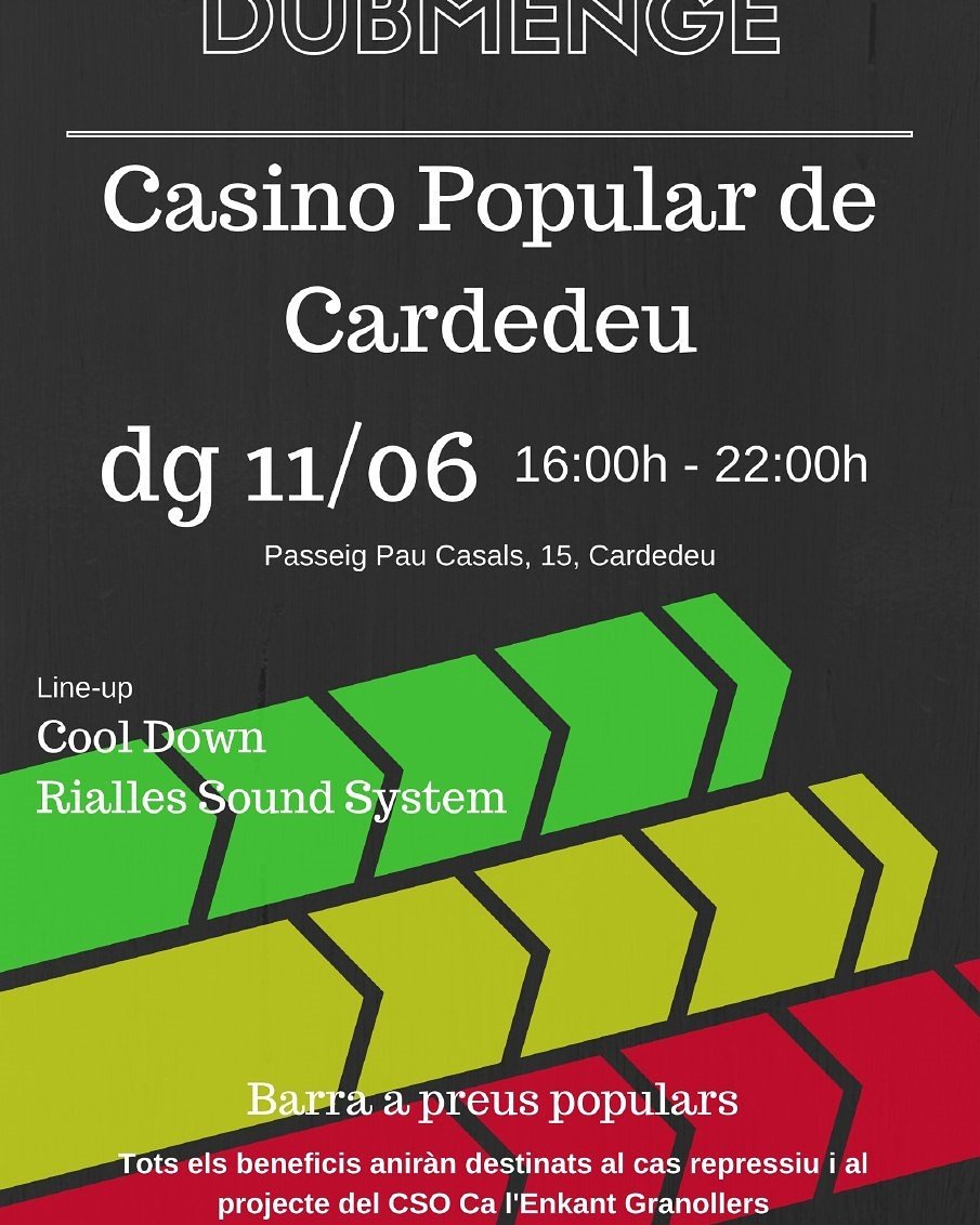 CalEnkant_CSO's tweet photo. Aquest diumenge vine al @casinopopular de Cardedeu a ballar ritmes jamaicans i a solidaritzar—te amb el cas repressiu de Ca l‘Enkant! https://t.co/YIvtPxQBkz