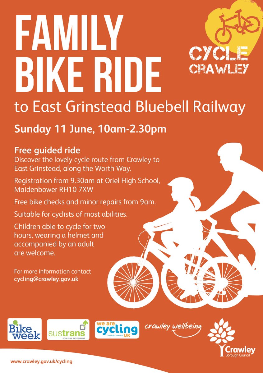 crawleybc's tweet image. Free guided family bike ride on Sunday! Pedal from @OrielHighSchool along the stunning Worth Way to @bluebellrailway crawley.gov.uk/pw/News_and_Ev…