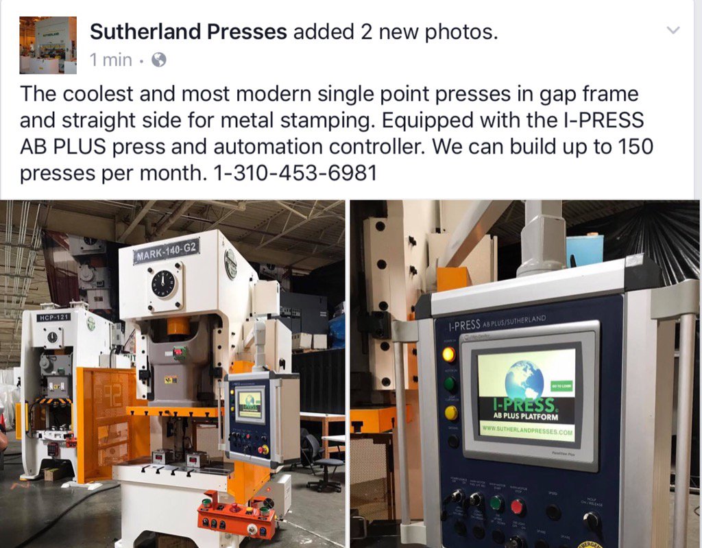 SutherlandPress's tweet photo. The best stamping presses on the planet, Machines in stock. #Aida, #Schuler, #Bliss, #Komatsu, #Stamtec, #Seyi https://t.co/5AaP1jmvvj