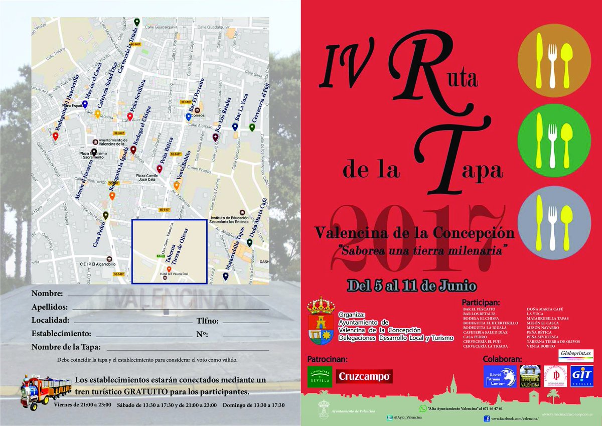 Ayto_Valencina's tweet photo. Llegó el finde. #ValencinaC te espera con su #IVRutadelaTapa y tren turístico. https://t.co/5f0Tgb2j4t  #SaboreaValencina #ProvinciaSVQ https://t.co/mZn1kAsmbz