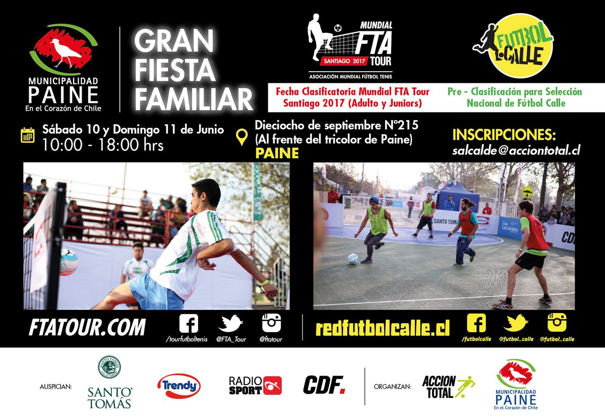 RadioSportChile's tweet photo. Este 10 y 11 de junio, la fiesta del @futbol_calle y @FTA_Tour se vivirá en @painepurochile. Desde las 10 frente a cancha del @trimunipaine https://t.co/k53hJKfld7