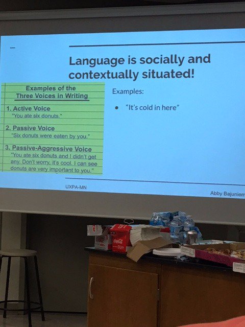 EmUtterBittner's tweet photo. Great #uxpamn event last night with @AbsP about language, content, usability and accessibility! #TooTrue #ClassicMinnesotans https://t.co/PfnqyFX0m6