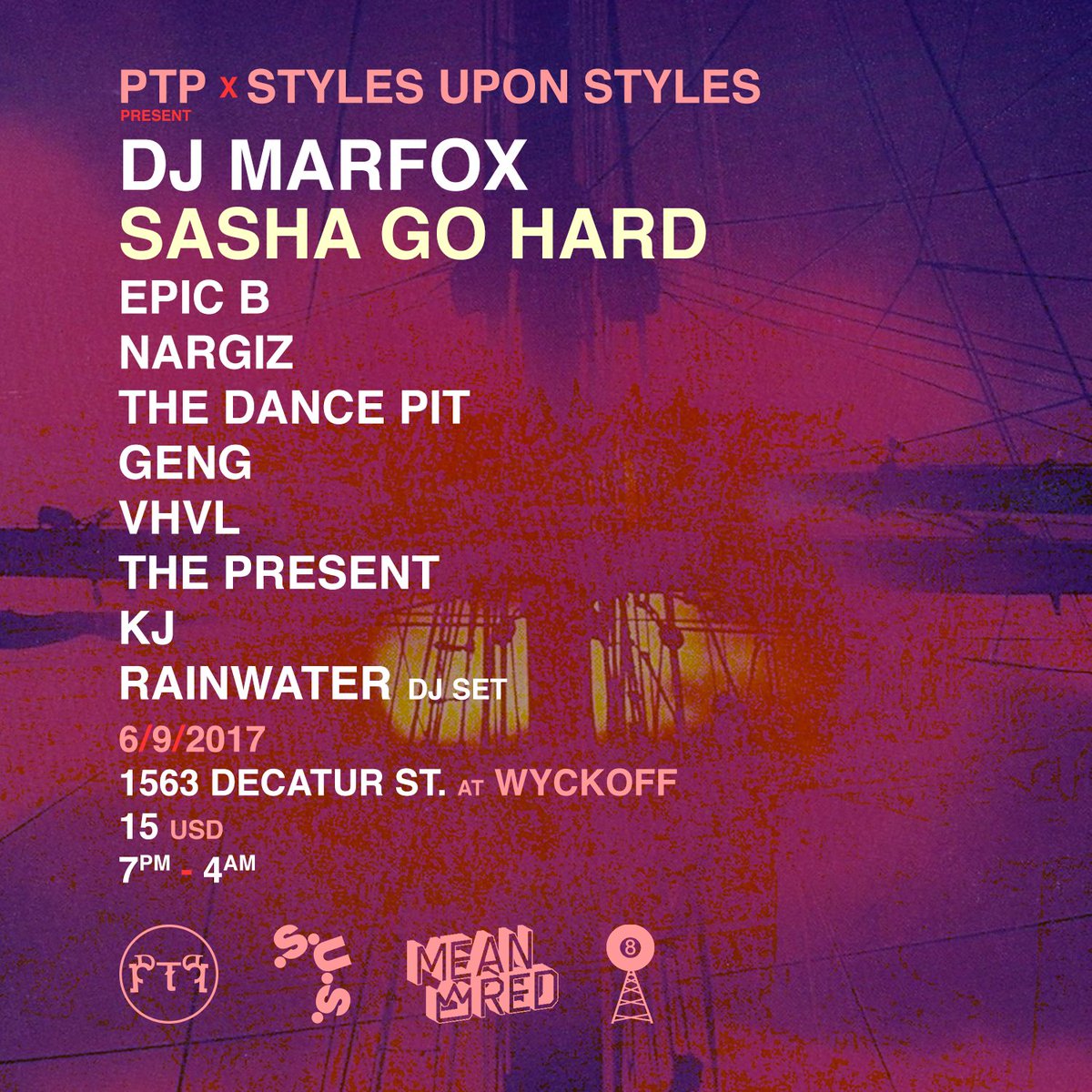so <a href="/_SashaGoHard/">Official SashaGoHard</a> and <a href="/DJMarfox/">Dj Marfox</a> headlining now?
1563 Decatur Street at Wykoff
7pm-4am
set times in a minute