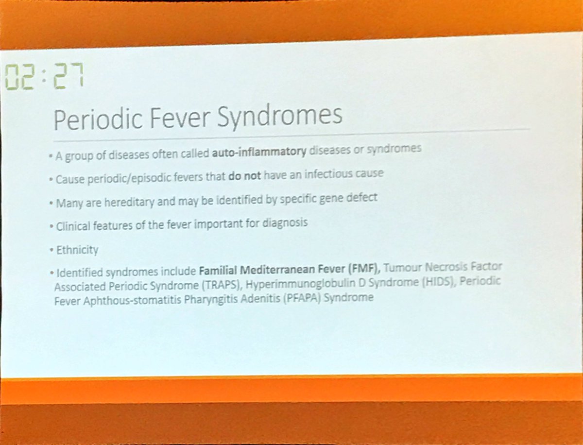 SebJGray's tweet photo. Periodic fever syndromes - notoriously difficult to diagnose HT Grainne Butler #EURYPA #Europaediatrics https://t.co/dEA3fubeCq